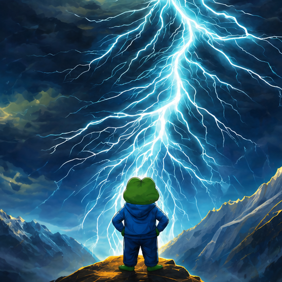 Storm over the peaks, figure in a blue tracksuit facing the lightning